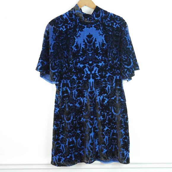 Anthropologie Mock Neck Velvet Mini Dress 14 Blue Velvet Burnout Cocktail  NWT Dresses